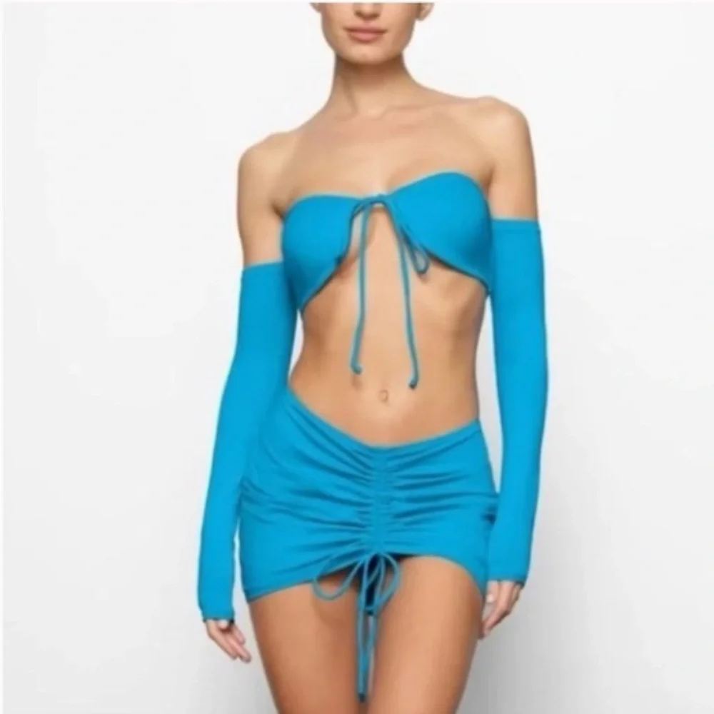 🆕 SKIMS SWIM Long Sleeve Bikini Top Recycled Turquoise XL Blue Off Shoulder NWT
